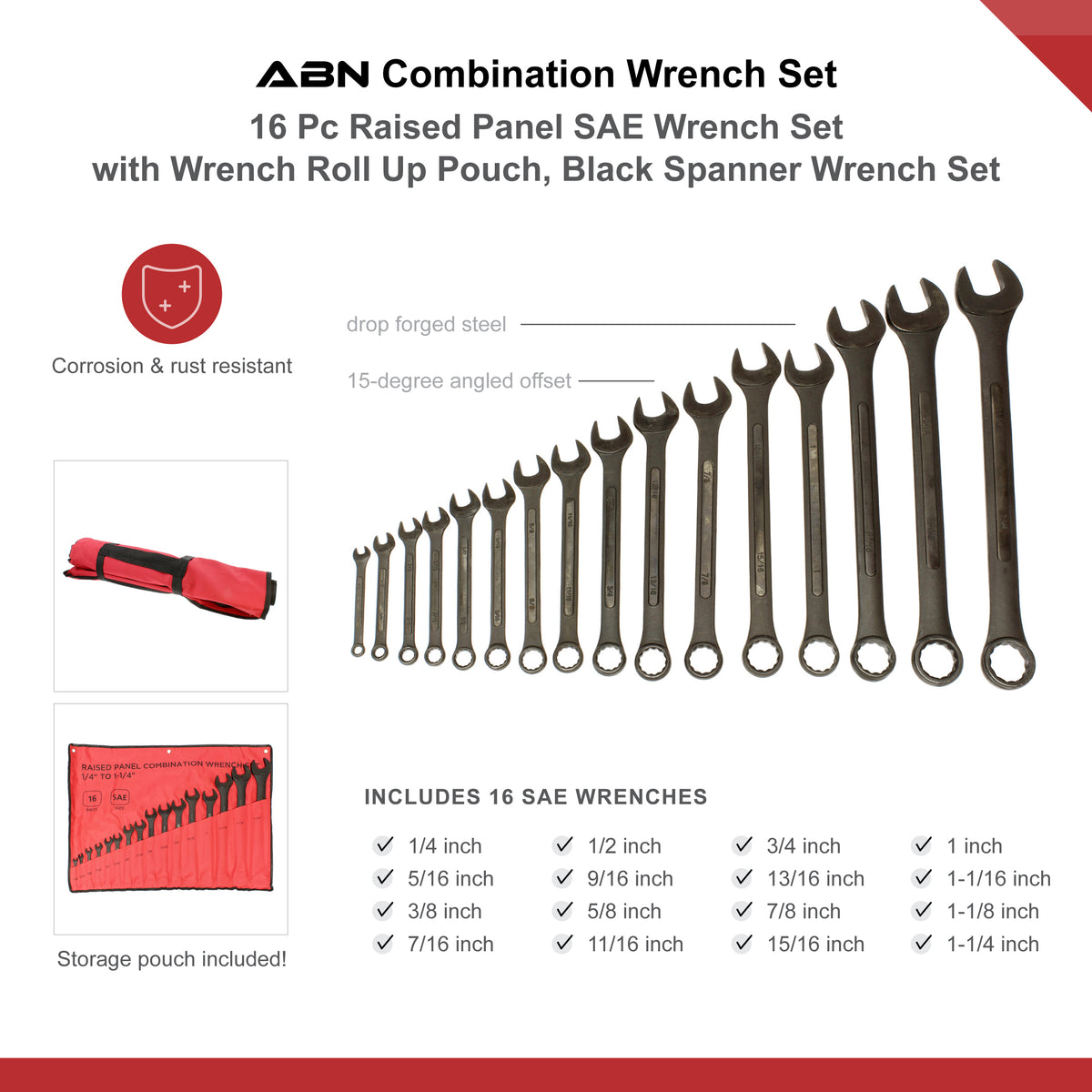 32 Pc Combination Wrench Sets Metric and Standard with Roll Up Pouch