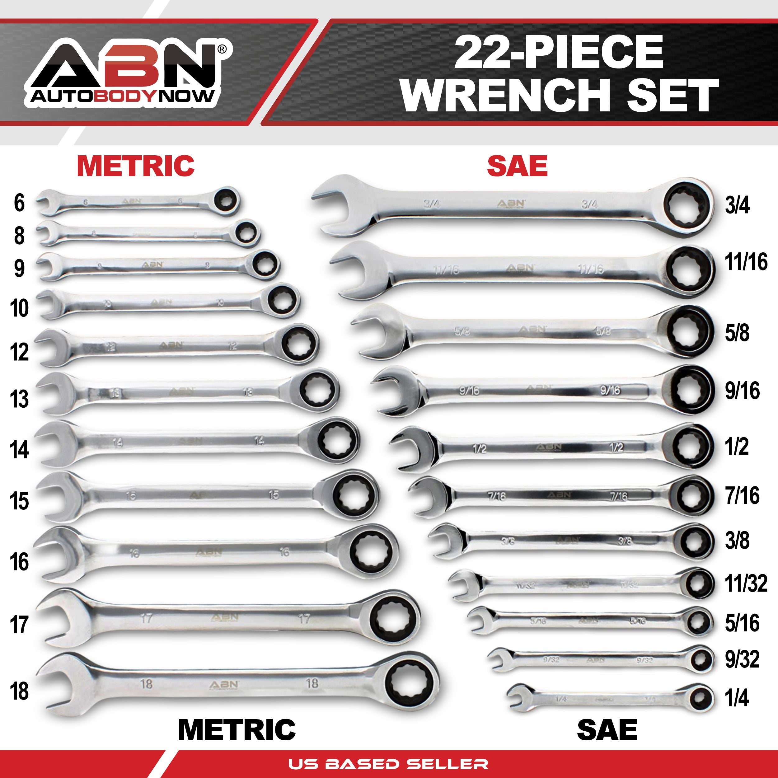 Ratchet Wrenches Set SAE and Metric - 22p Combo Ratcheting Wrench Set