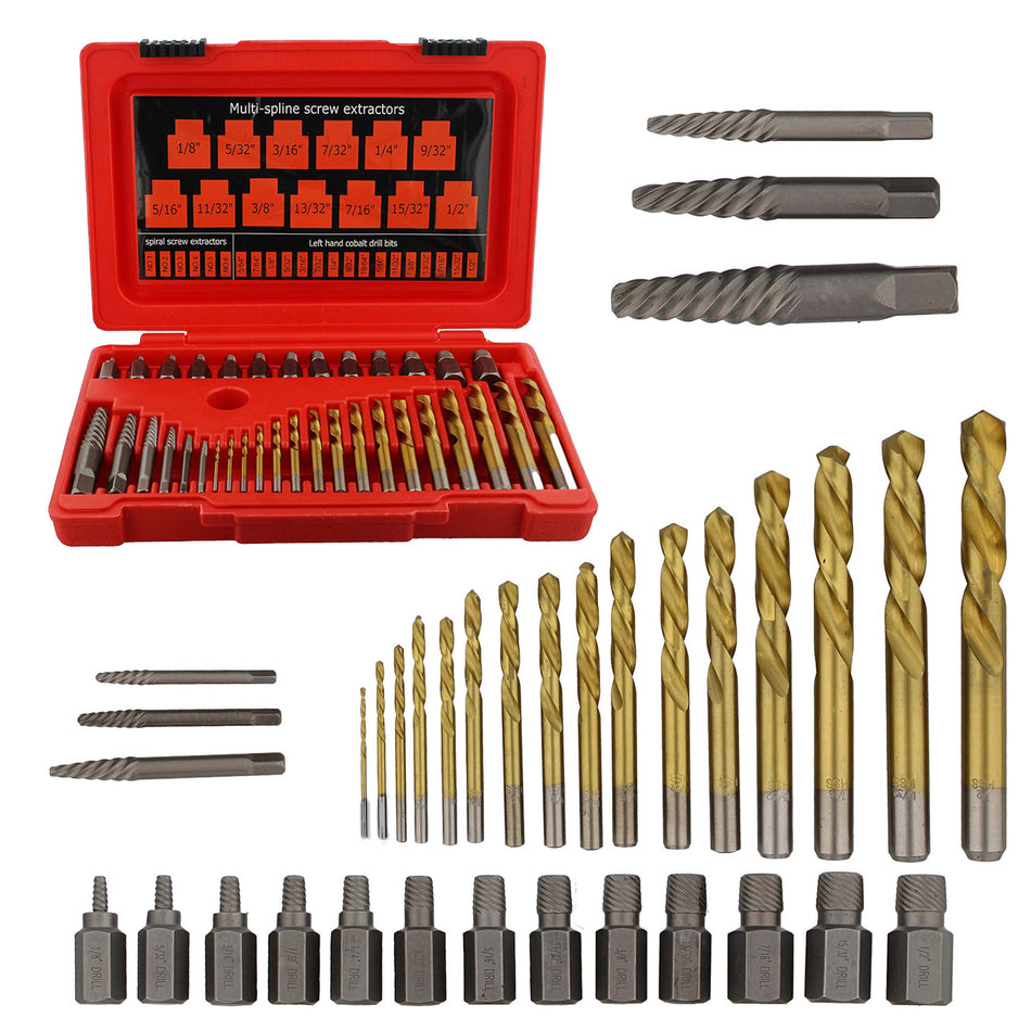 35pc Bolt Extractor Kit - 5/64 to 1/2in EZ Out Left Hand Drill Bit Set