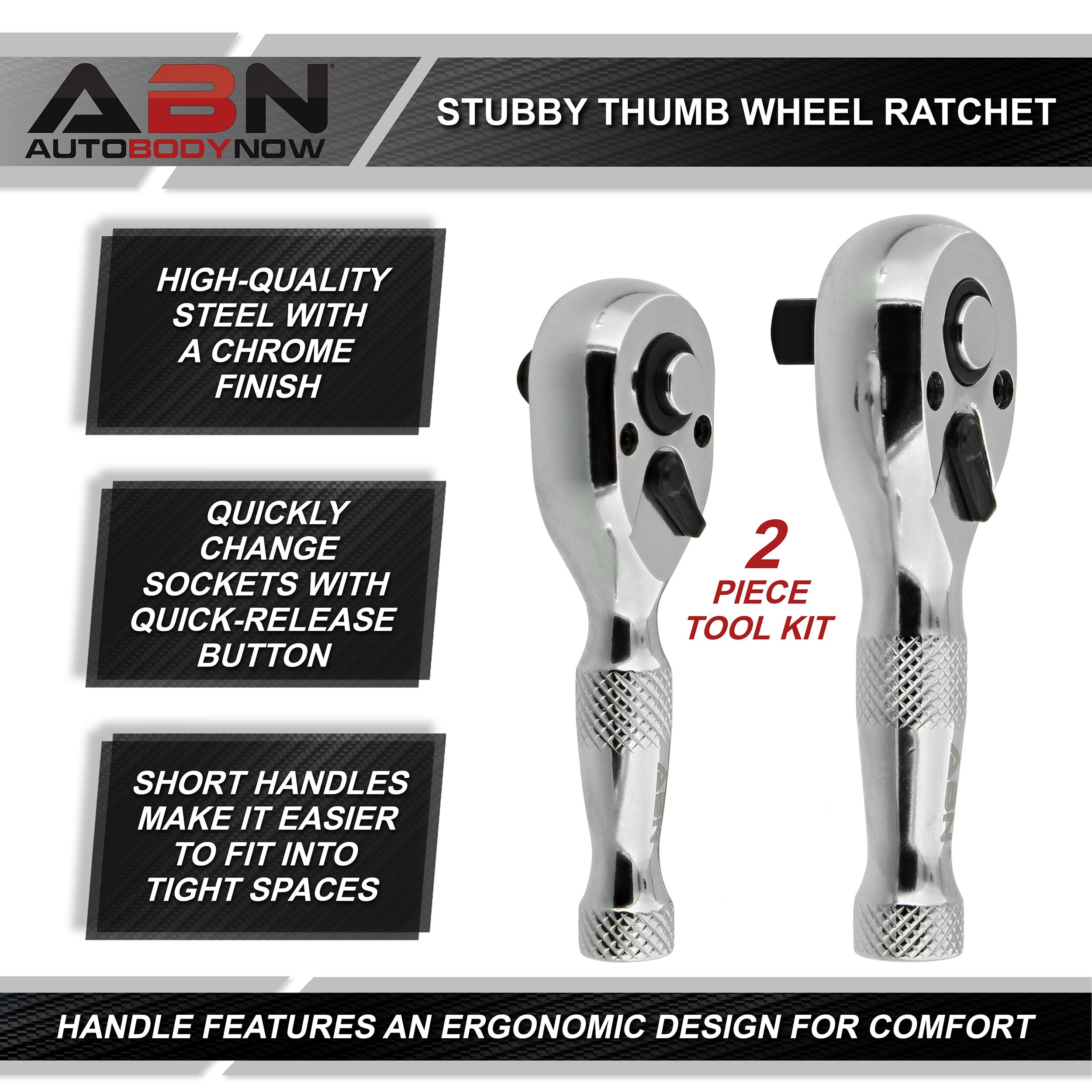 2pc Stubby Ratchet Wrench Tool 1/4 and 3/8in Drive Thumb Wheel Ratchet