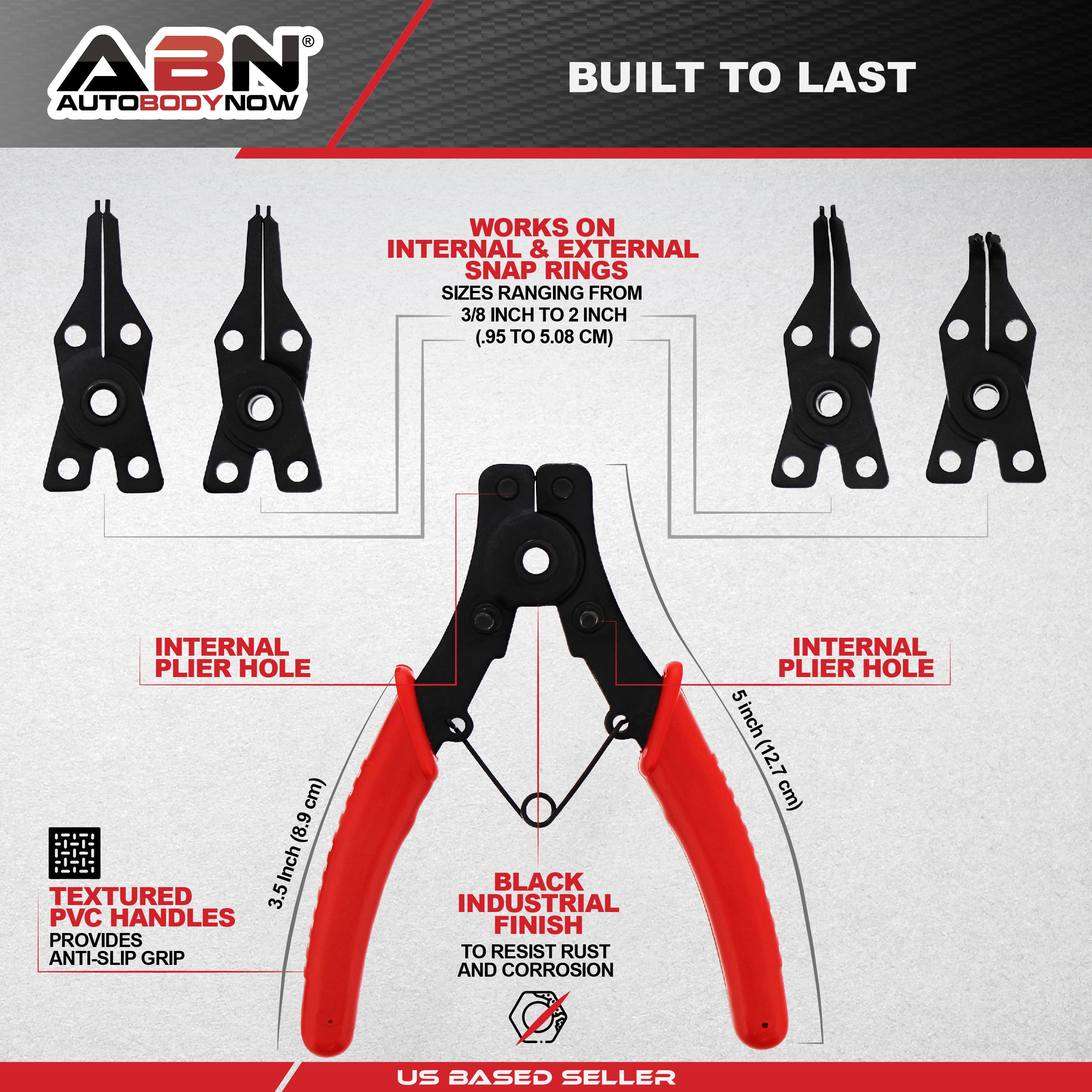 ABN 4pc 7in Heavy Duty Snap Ring Pliers Set - Removal Tools with .067in  Tips 