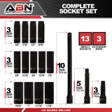 Impact Socket Set – 17 Pc 1/2 Inch Deep Sockets and Extension Bars