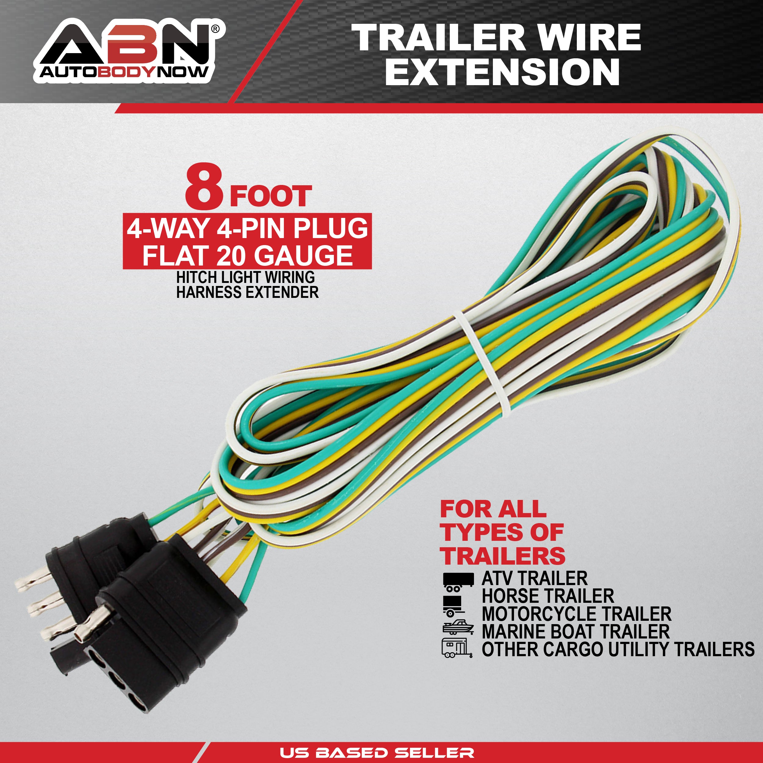 Trailer Wire Harness Extension, 8’ Foot, 4-Way Pin Trailer Wiring Harness