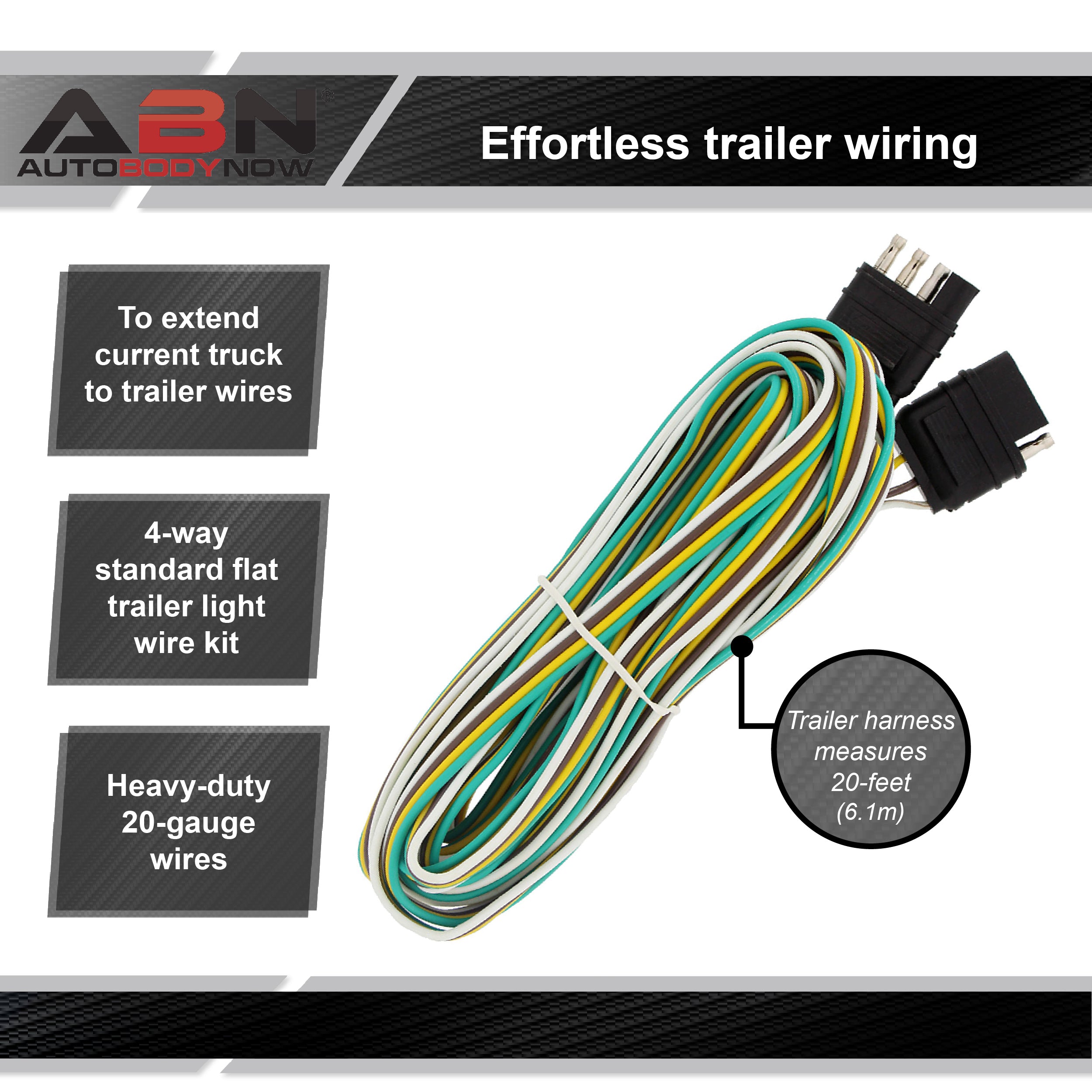 Trailer Wire Extension, 20’ Foot, 4-Way Pin Trailer Wiring Harness