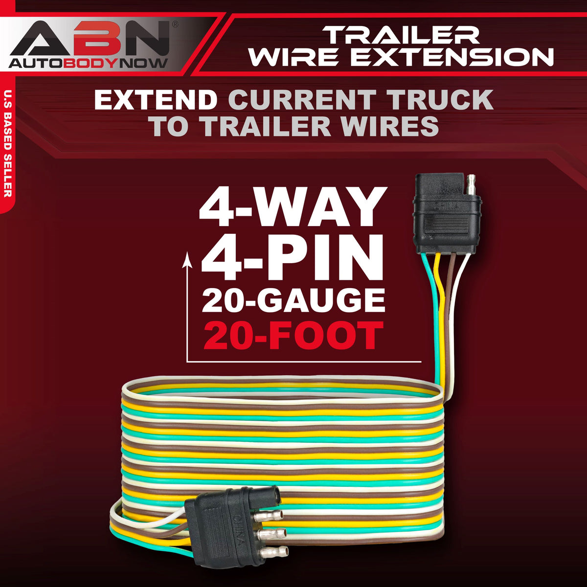 Trailer Wire Extension, 20’ Foot, 4-Way Pin Trailer Wiring Harness
