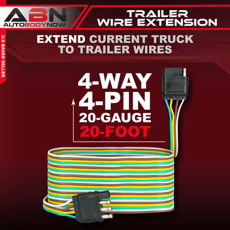 Trailer Wire Extension, 20’ Foot, 4-Way Pin Trailer Wiring Harness