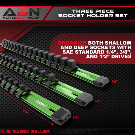 Green Aluminum Socket Organizer Holder Rails and Clips 1/4” 3/8” 1/2"