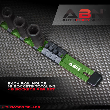Green Aluminum Socket Organizer Holder Rails and Clips 1/4” 3/8” 1/2"