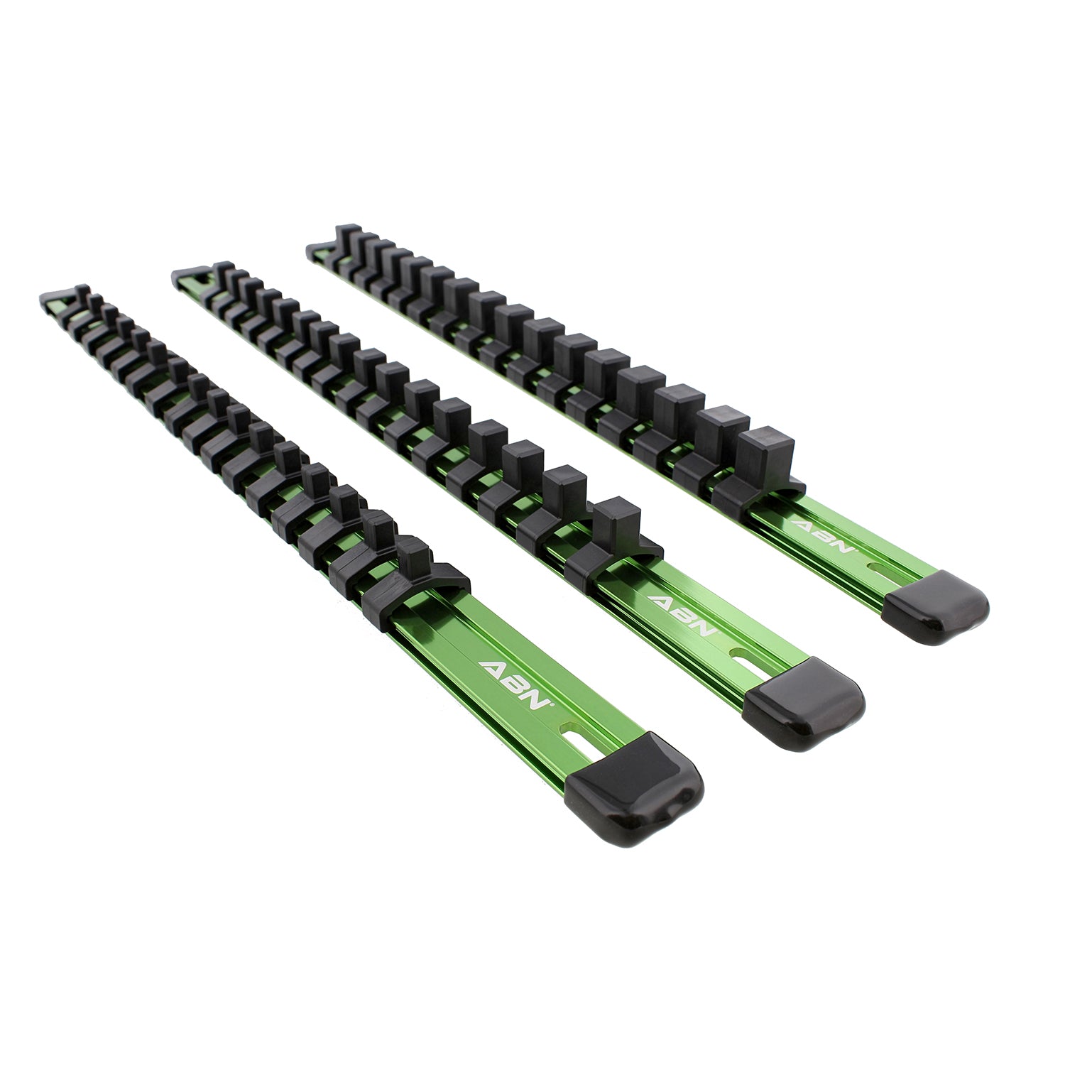 Green Aluminum Socket Organizer Holder Rails and Clips 1/4” 3/8” 1/2"