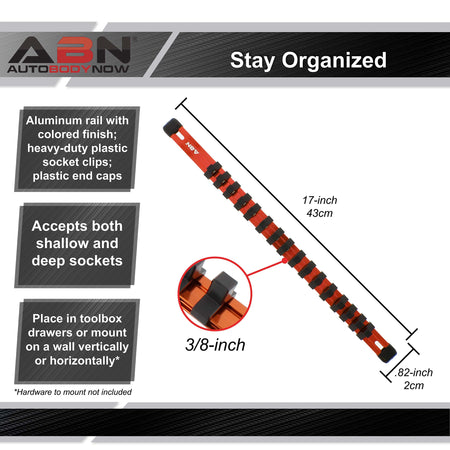 Orange Aluminum SAE 3/8” Socket Organizer Tool Holder Rail and Clips