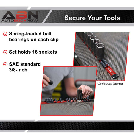 Orange Aluminum SAE 3/8” Socket Organizer Tool Holder Rail and Clips