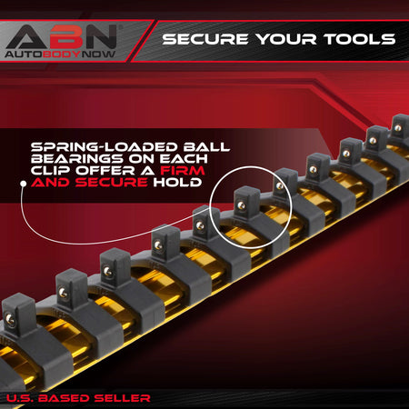 Yellow Aluminum SAE 1/4” Socket Organizer Tool Holder Rail and Clips