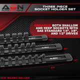 Black Aluminum SAE Socket Holder Rail & Clips 3pc Set 1/4” 3/8” 1/2"