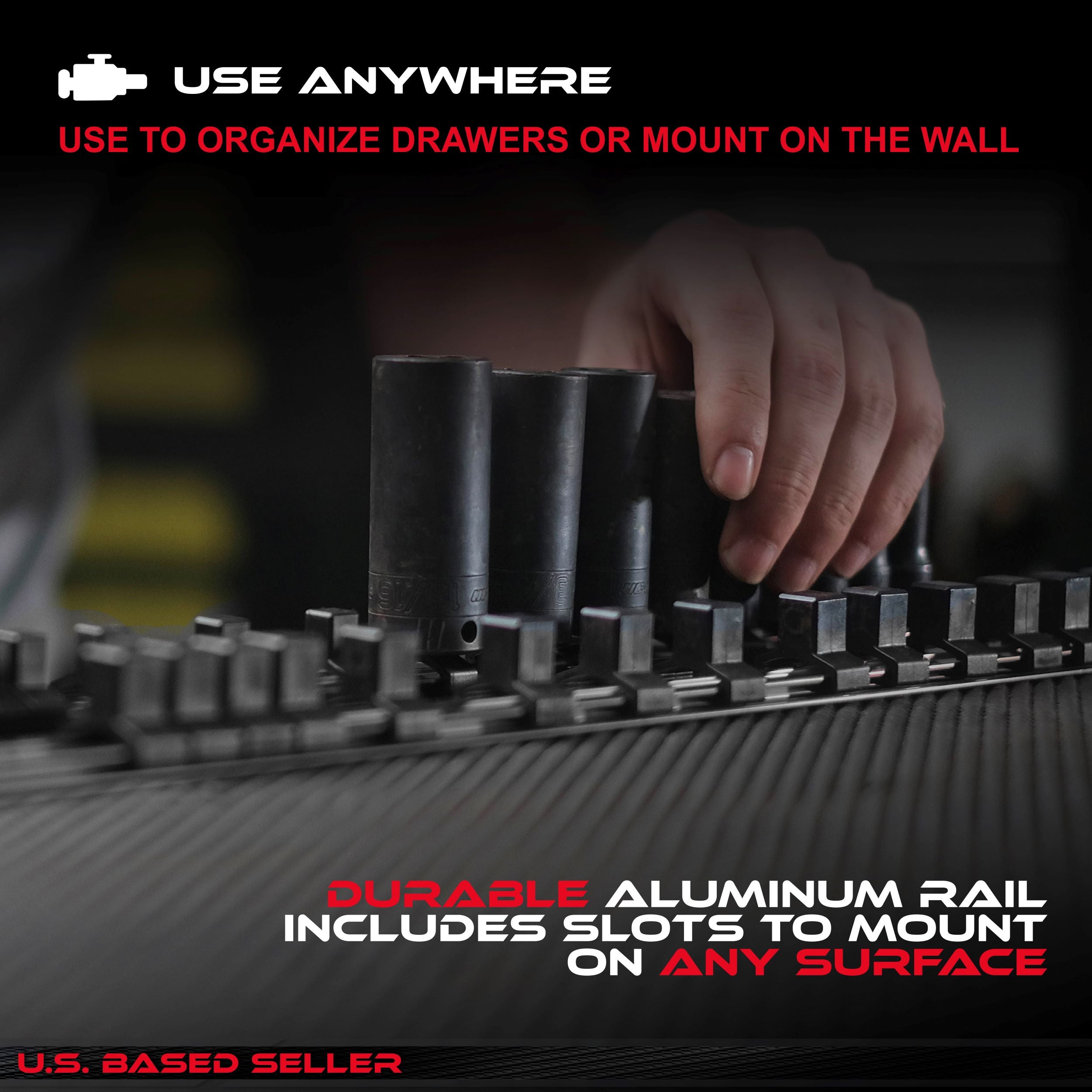 Black Aluminum SAE Socket Holder Rail & Clips 3pc Set 1/4” 3/8” 1/2"