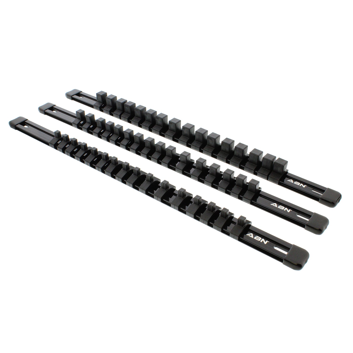 Black Aluminum SAE Socket Holder Rail & Clips 3pc Set 1/4” 3/8” 1/2"