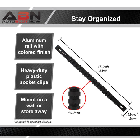 Black Aluminum SAE 3/8” Inch Socket Holder Rail & Clips Tool Organizer