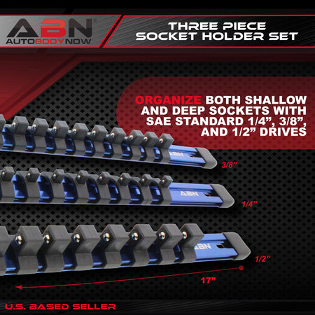 Blue Aluminum SAE Socket Holder Rail & Clips 3pc Set 1/4” 3/8” 1/2"