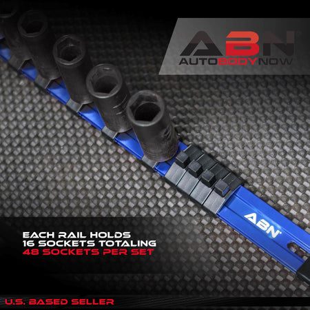 Blue Aluminum SAE Socket Holder Rail & Clips 3pc Set 1/4” 3/8” 1/2"