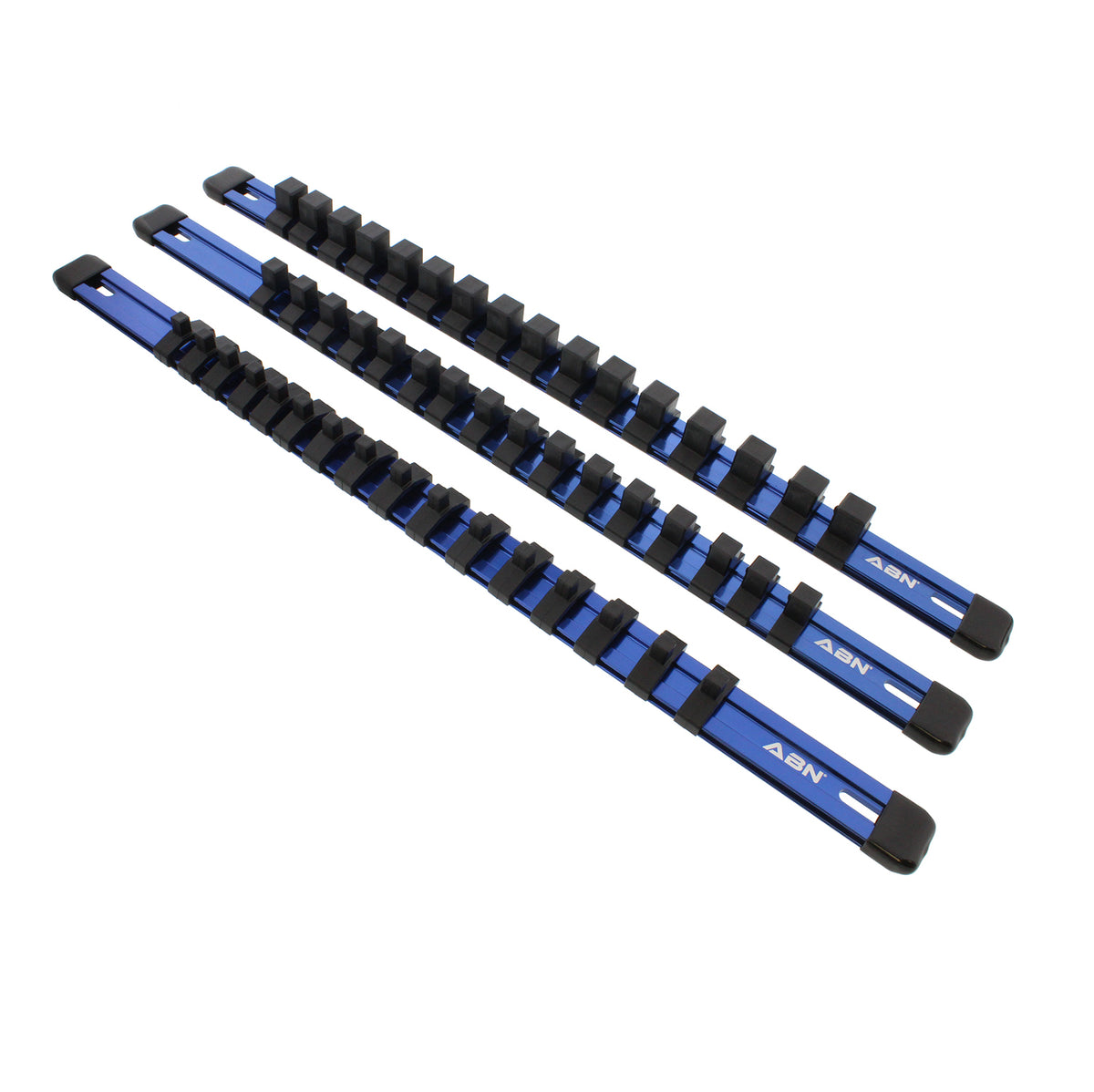 Blue Aluminum SAE Socket Holder Rail & Clips 3pc Set 1/4” 3/8” 1/2"