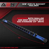 Blue Aluminum SAE 3/8” Inch Socket Holder Rail & Clips Tool Organizer