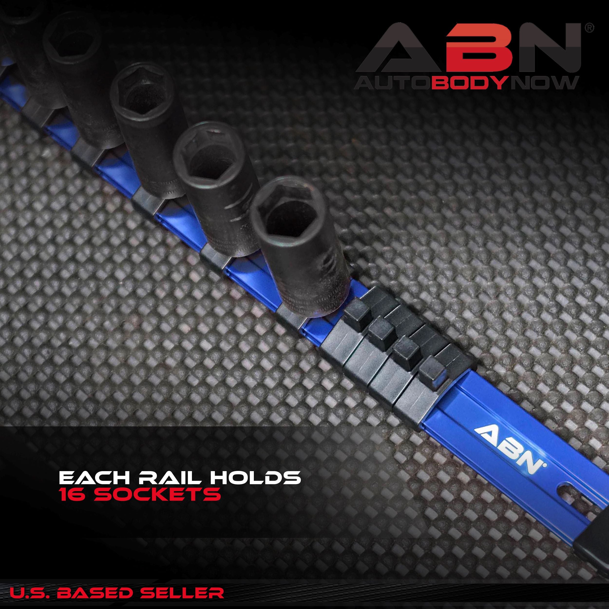Blue Aluminum SAE 3/8” Inch Socket Holder Rail & Clips Tool Organizer
