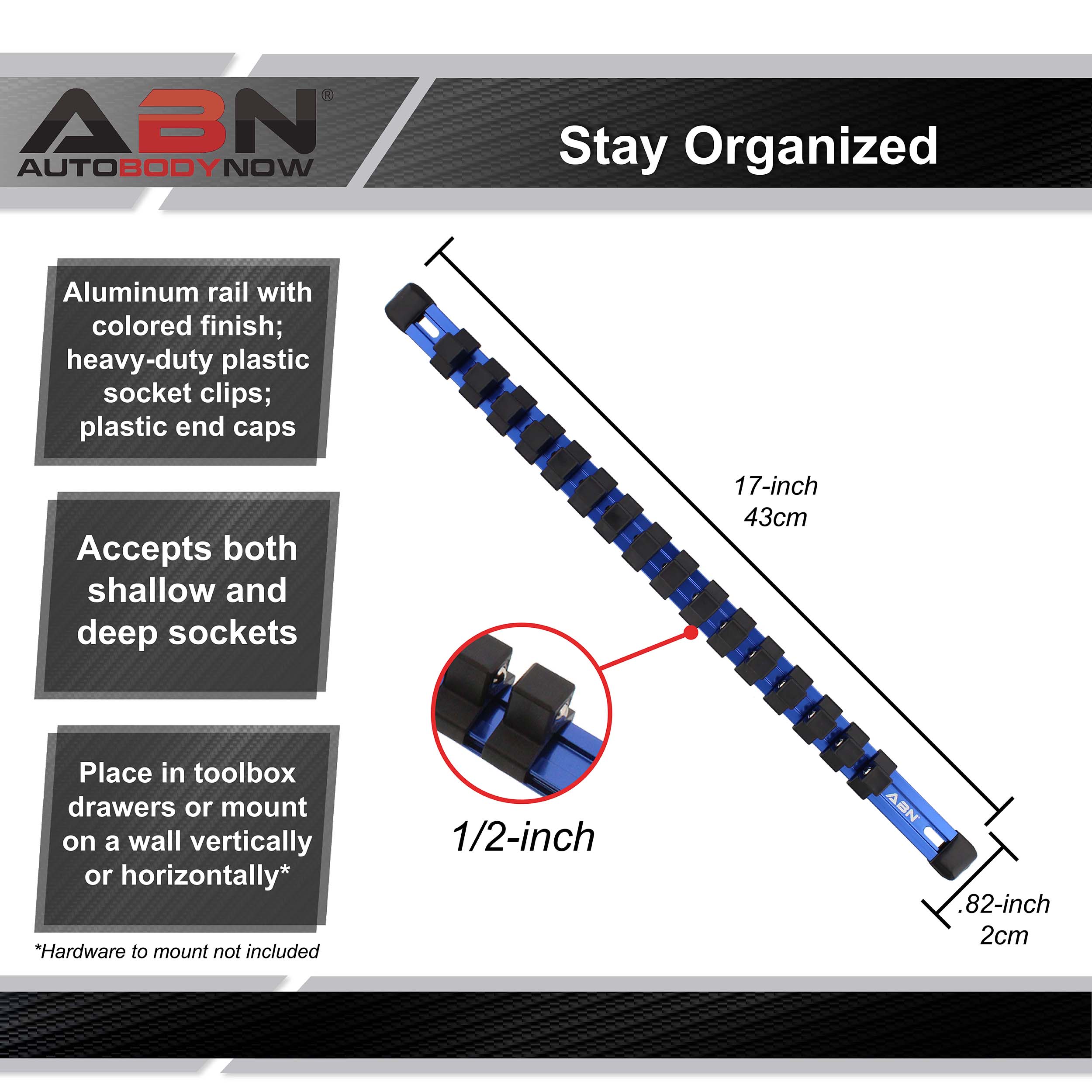 Blue Aluminum SAE 1/2” Inch Socket Holder Rail & Clips Tool Organizer