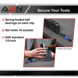 Blue Aluminum SAE 1/2” Inch Socket Holder Rail & Clips Tool Organizer