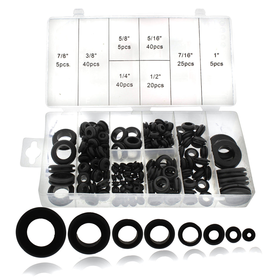 180pc 8 Sizes from 1/4 to 1in SAE Assorted Rubber Grommets for Wiring
