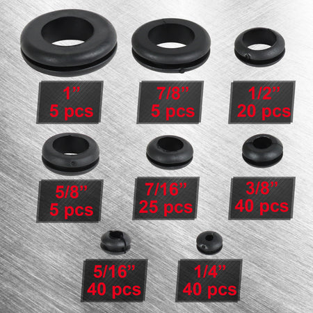 180pc 8 Sizes from 1/4 to 1in SAE Assorted Rubber Grommets for Wiring