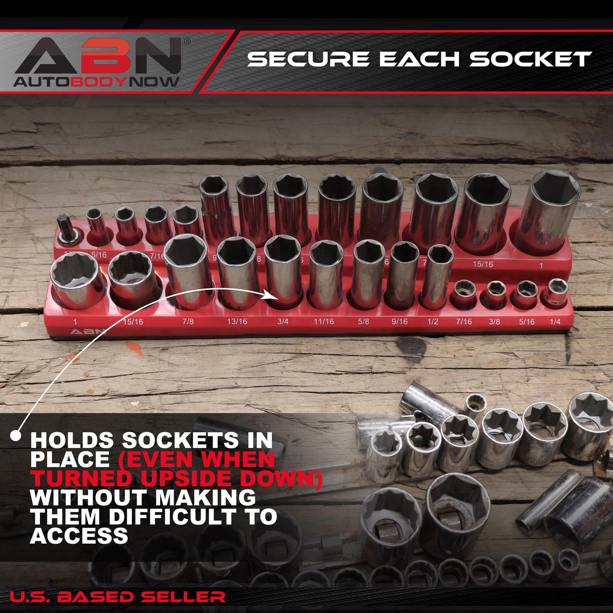 Magnetic Socket Organizer Tray – SAE 3/8” Inch 26 Socket Holder, Red