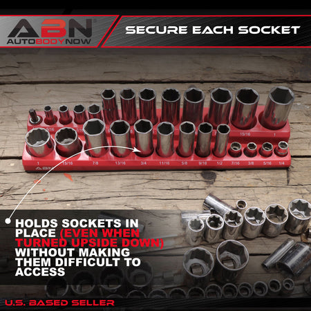 Magnetic Socket Organizer Tray – SAE 3/8” Inch 26 Socket Holder, Red