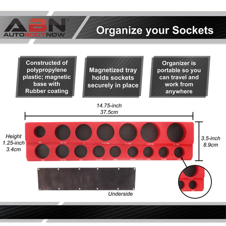 Magnetic Socket Organizer Tray – SAE 1/2” Inch 16 Socket Holder, Red