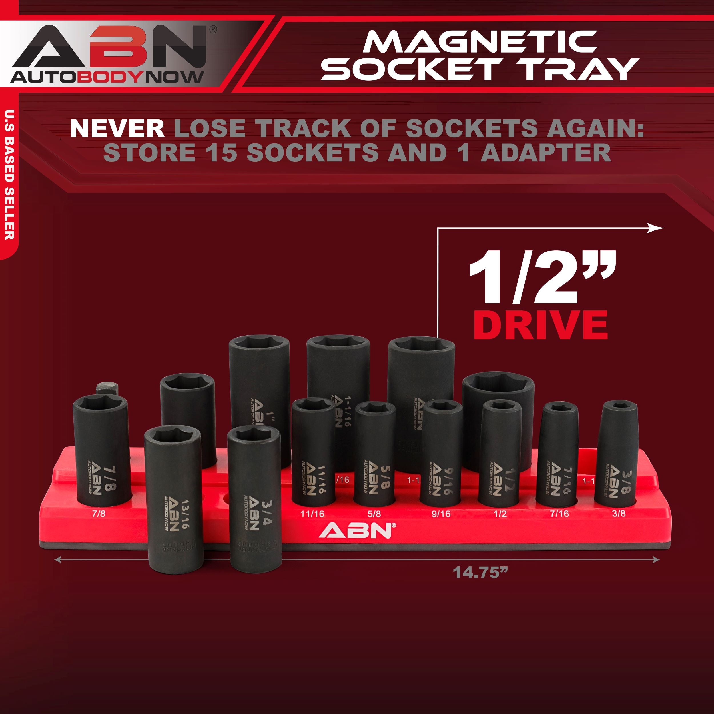 Magnetic Socket Organizer Tray – SAE 1/2” Inch 16 Socket Holder, Red