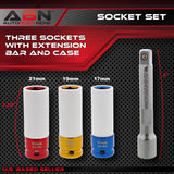 1/2 Drive Impact Socket Set with Extension Bar - 17mm, 19mm, 21mm