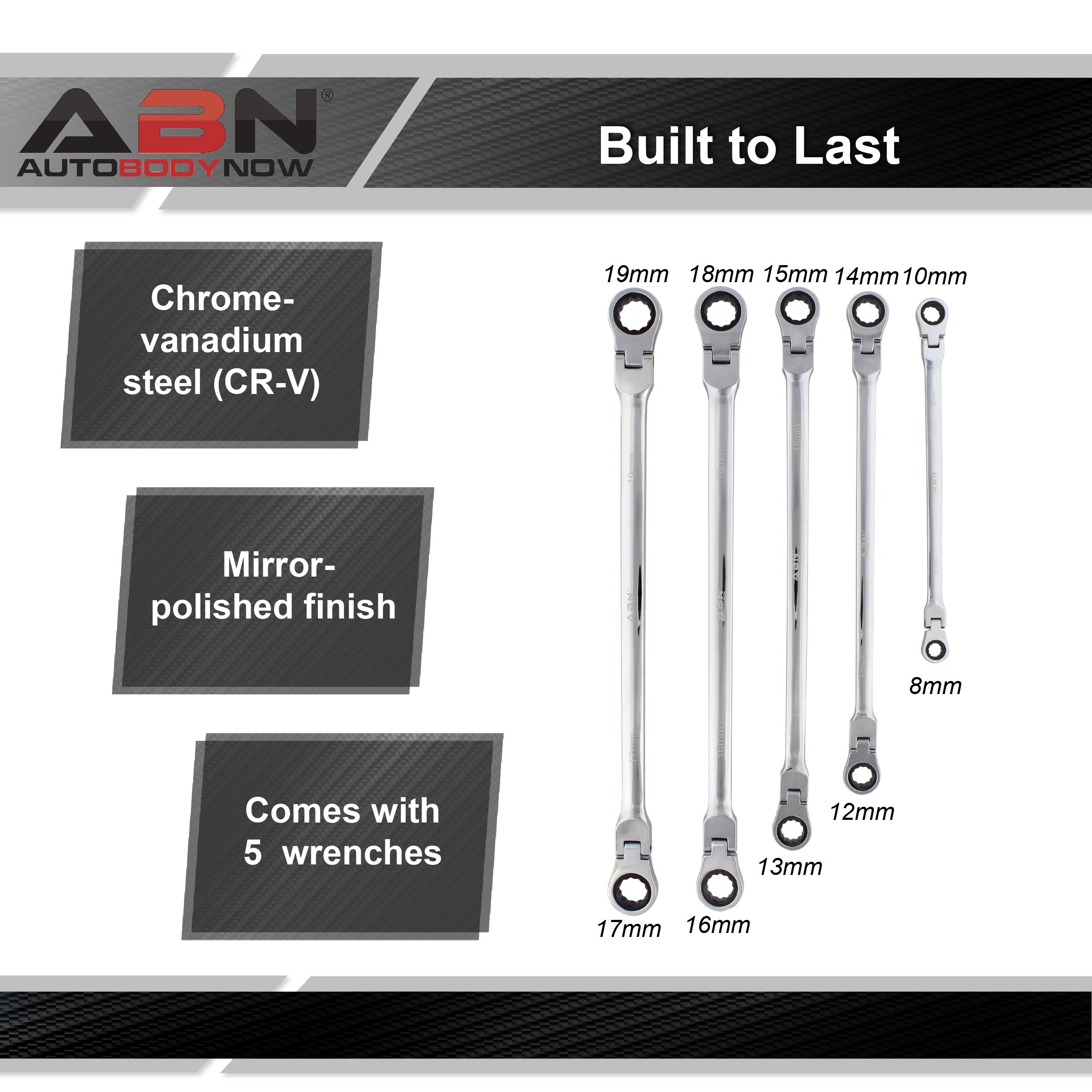 5pc Ratcheting Wrench Set Extra Long Flex Head Ratcheting Wrenches