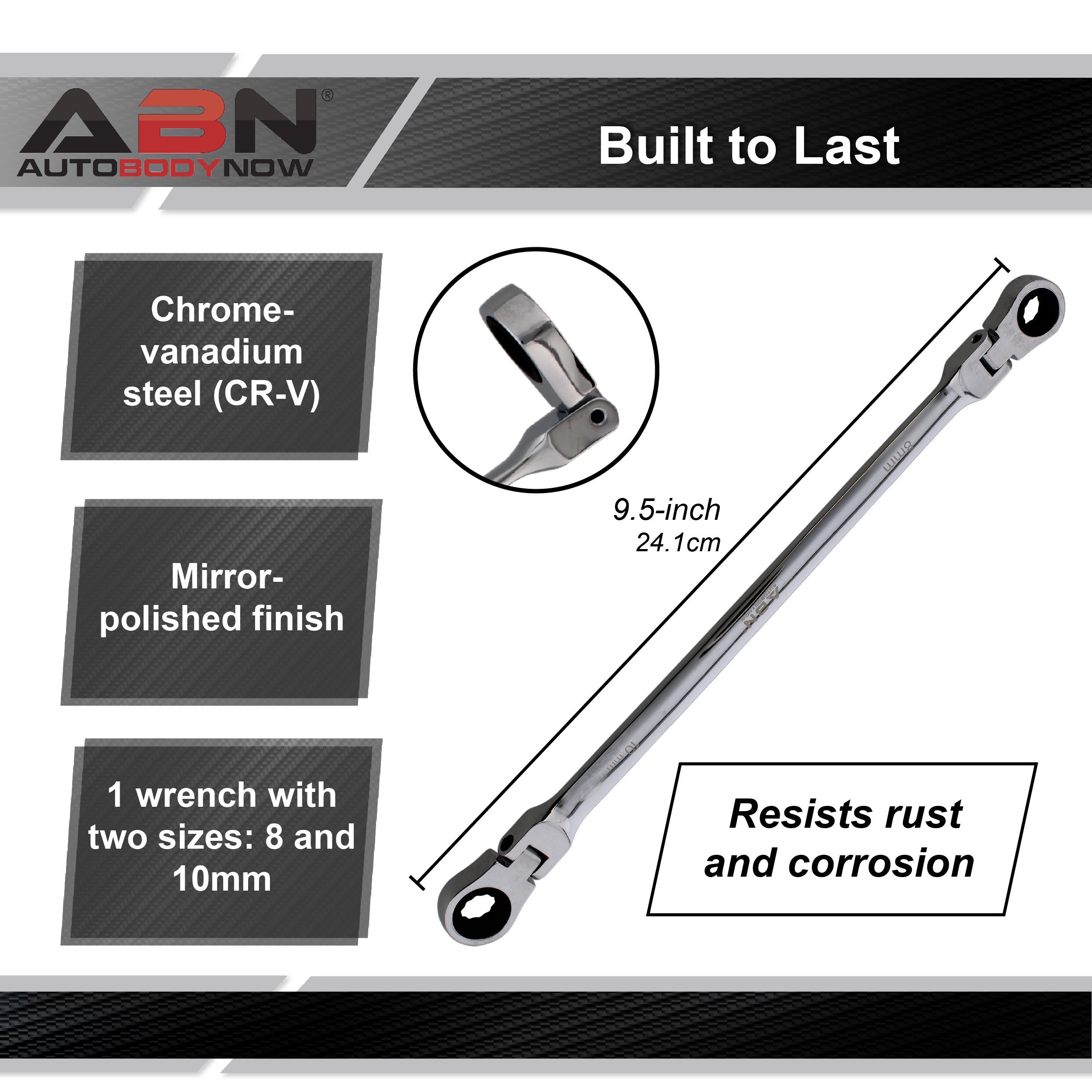 Ratcheting Wrench 8 and 10mm Extra Long Flex Head Ratcheting Wrench