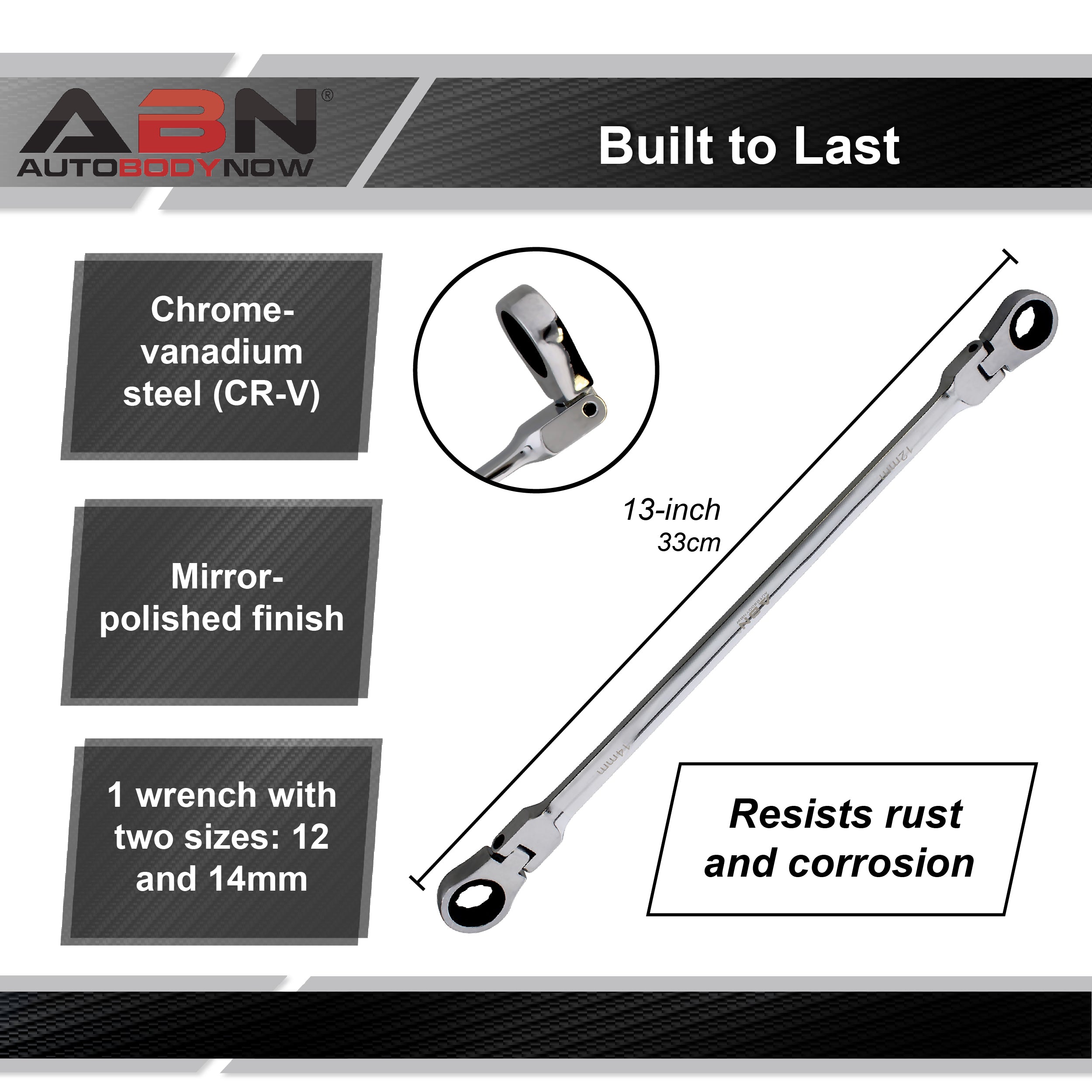 Ratcheting Wrench 12 and 14mm Extra Long Flex Head Ratcheting Wrench