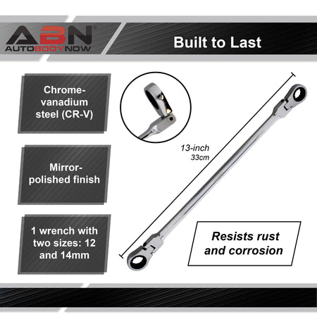 Ratcheting Wrench 12 and 14mm Extra Long Flex Head Ratcheting Wrench