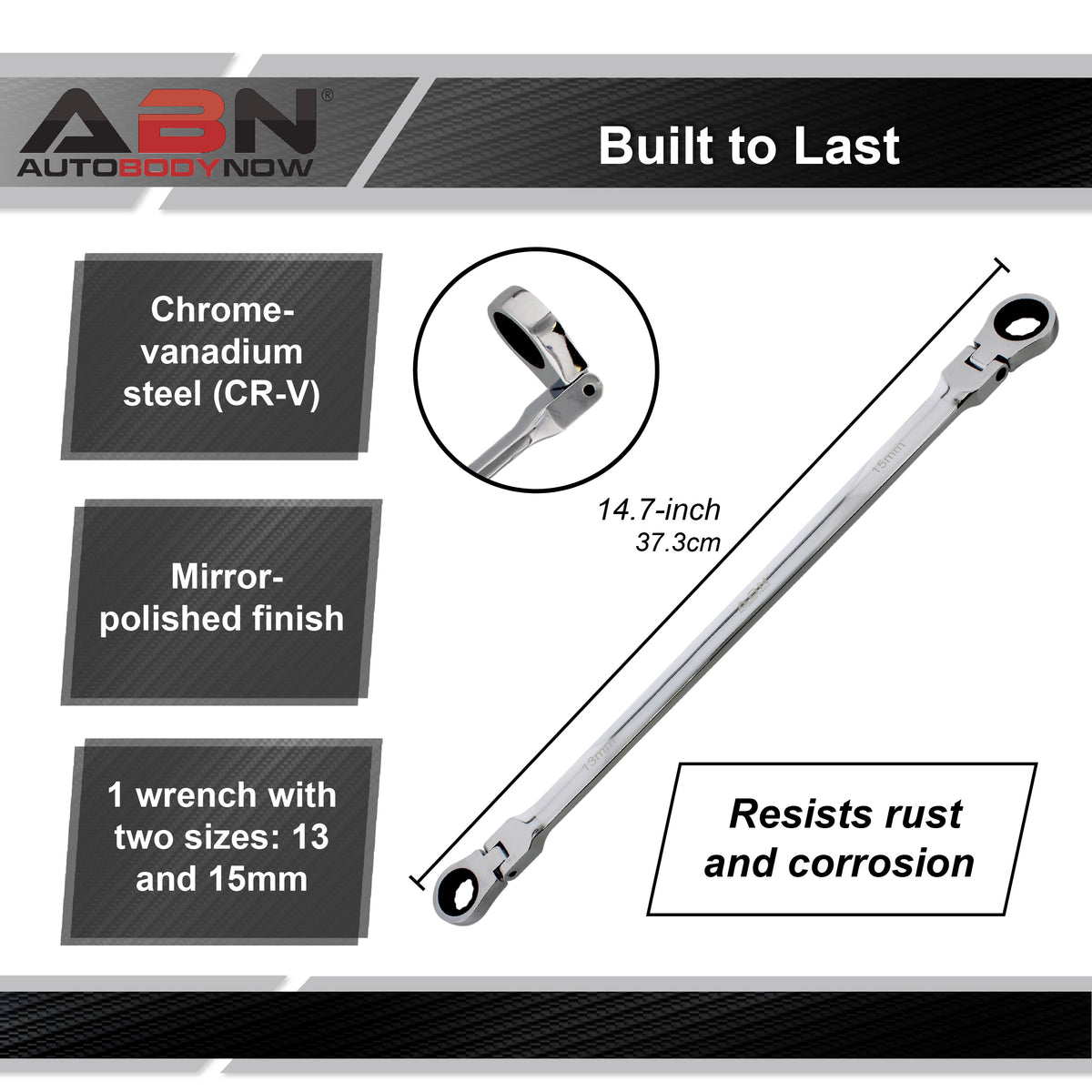 Ratcheting Wrench 13 and 15mm Extra Long Flex Head Ratcheting Wrench