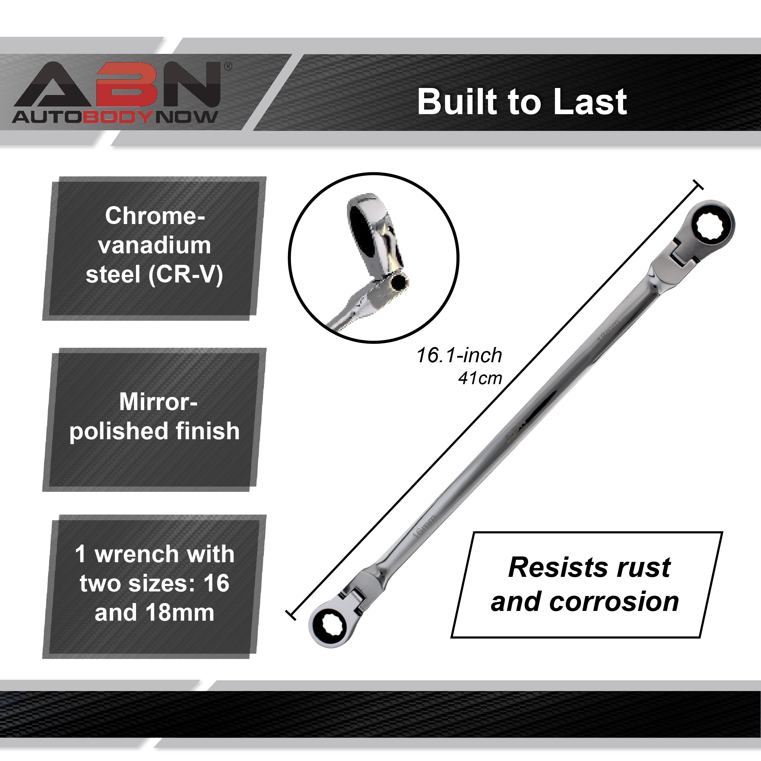 Ratcheting Wrench 16 and 18mm Extra Long Flex Head Ratcheting Wrench