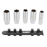 3/8 Inch Drive SAE Metric Spark Plug Socket Set 6 Pt with Rail, 5pc