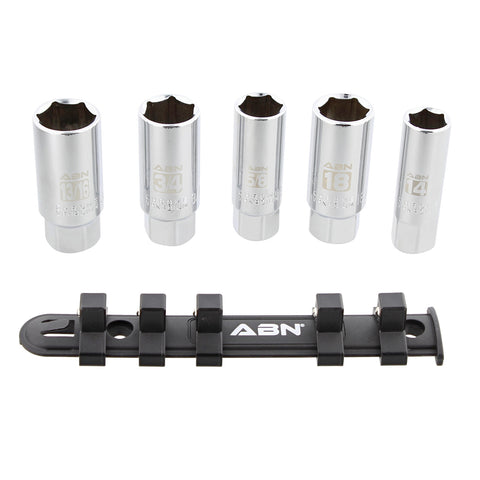 3/8 Inch Drive SAE Metric Spark Plug Socket Set 6 Pt with Rail, 5pc