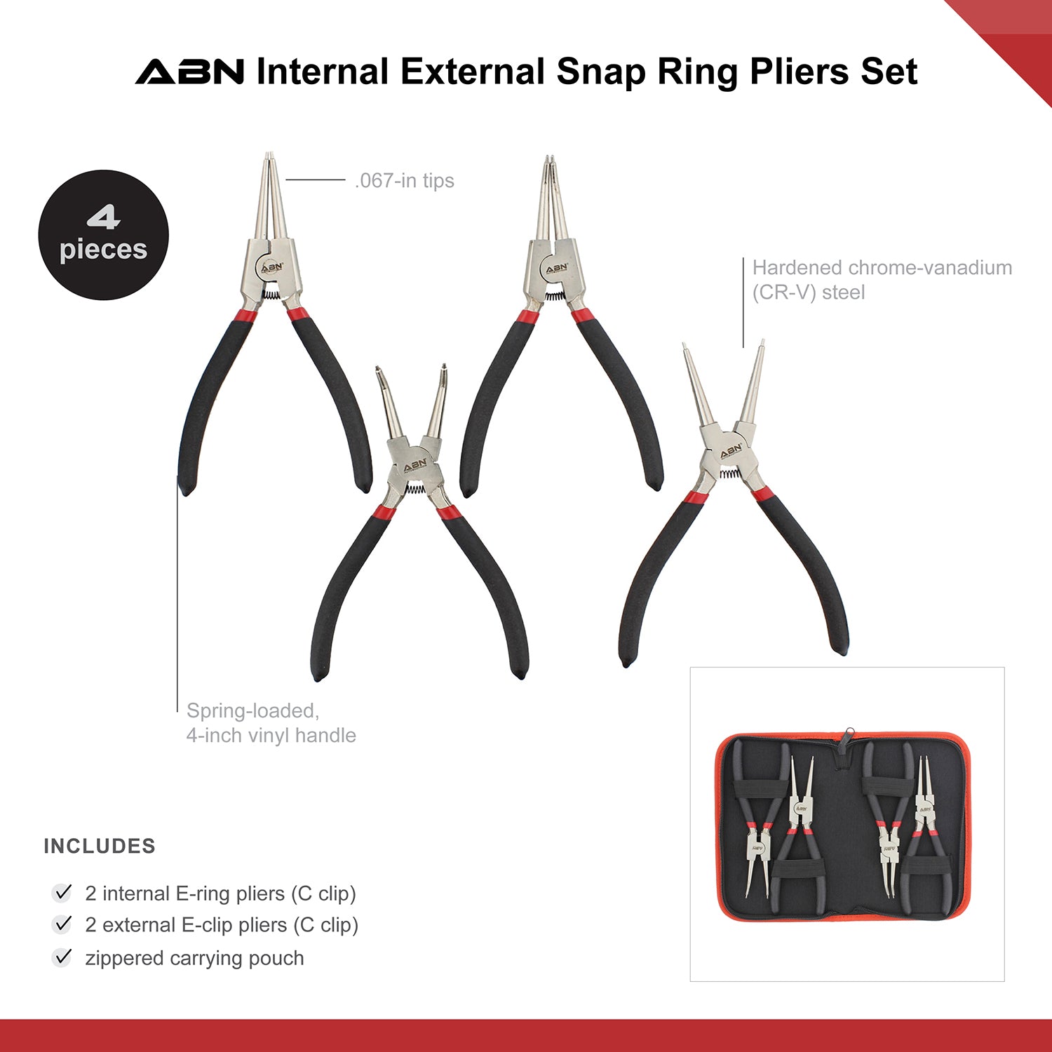 4pc 7in Heavy Duty Snap Ring Pliers Set with .067in Tips