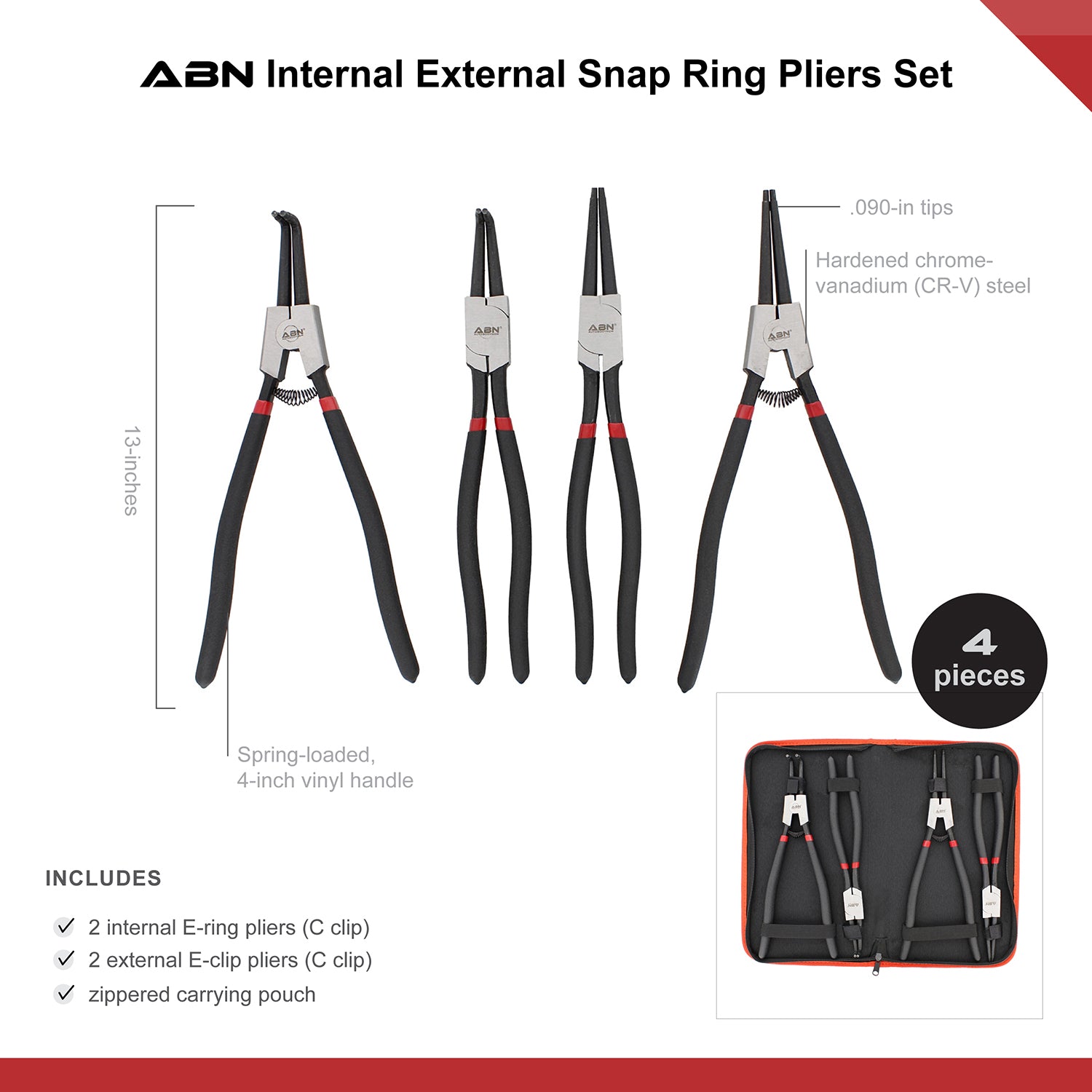 Extra Long Snap Ring Pliers Set - 4pc Lock Ring Pliers with 4mm Tips