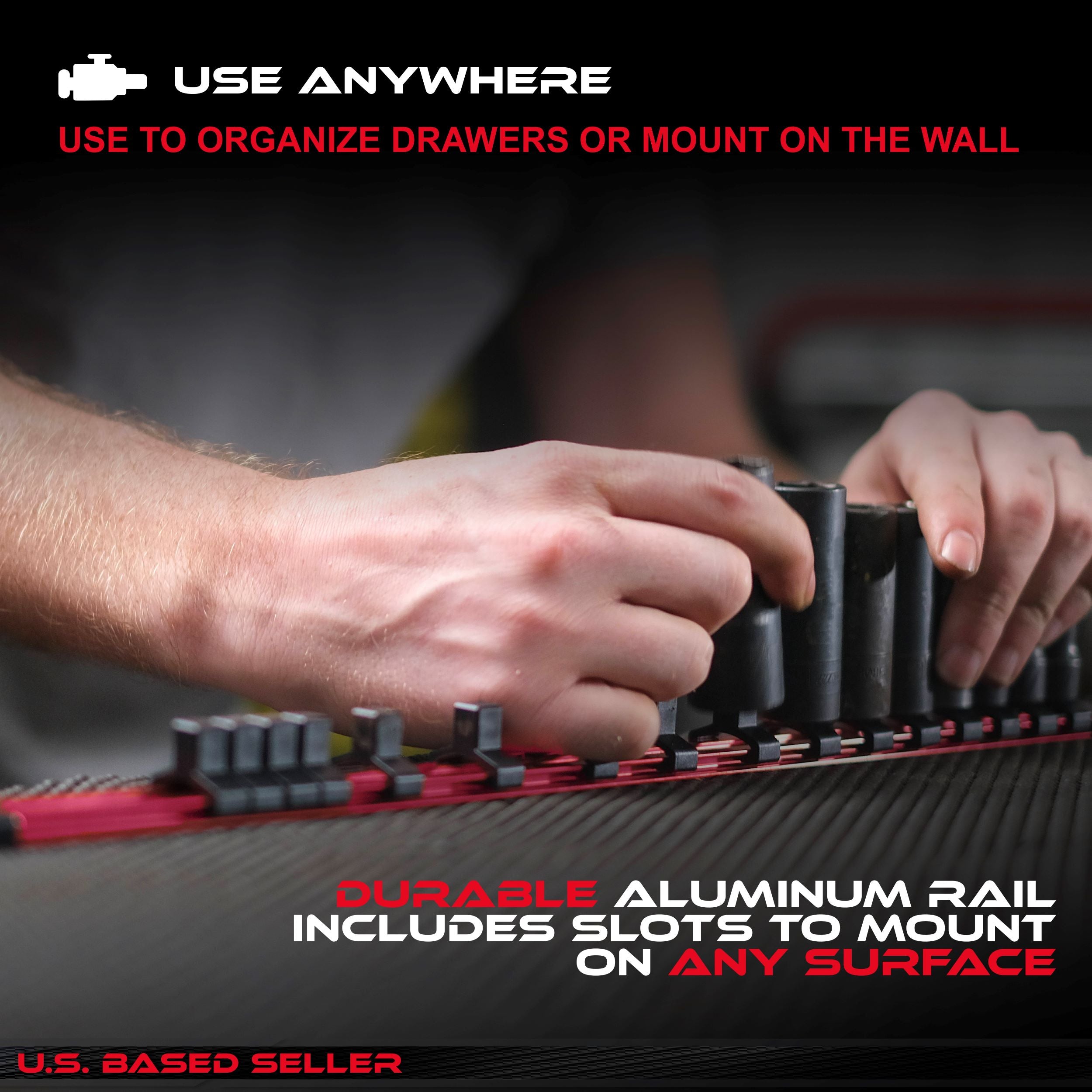 Aluminum SAE Socket Organizer Holder Rails & Clips Set 1/4" 3/8” 1/2"