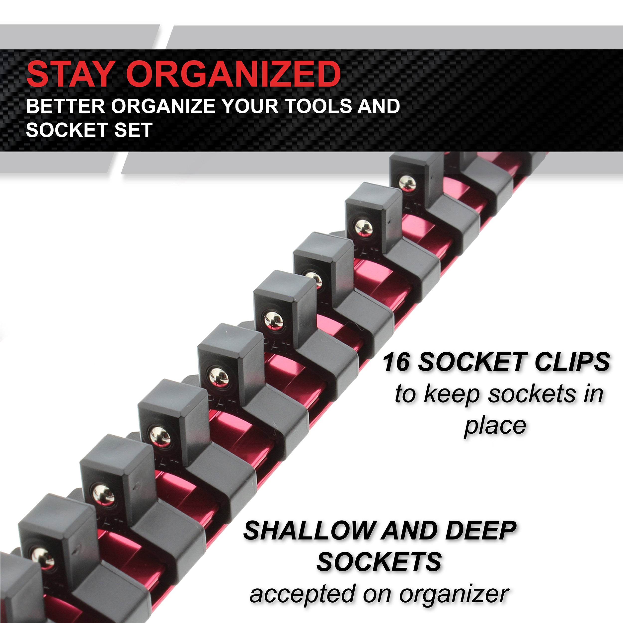 Red Aluminum SAE 3/8” Inch Socket Organizer Tool Holder Rail & Clips