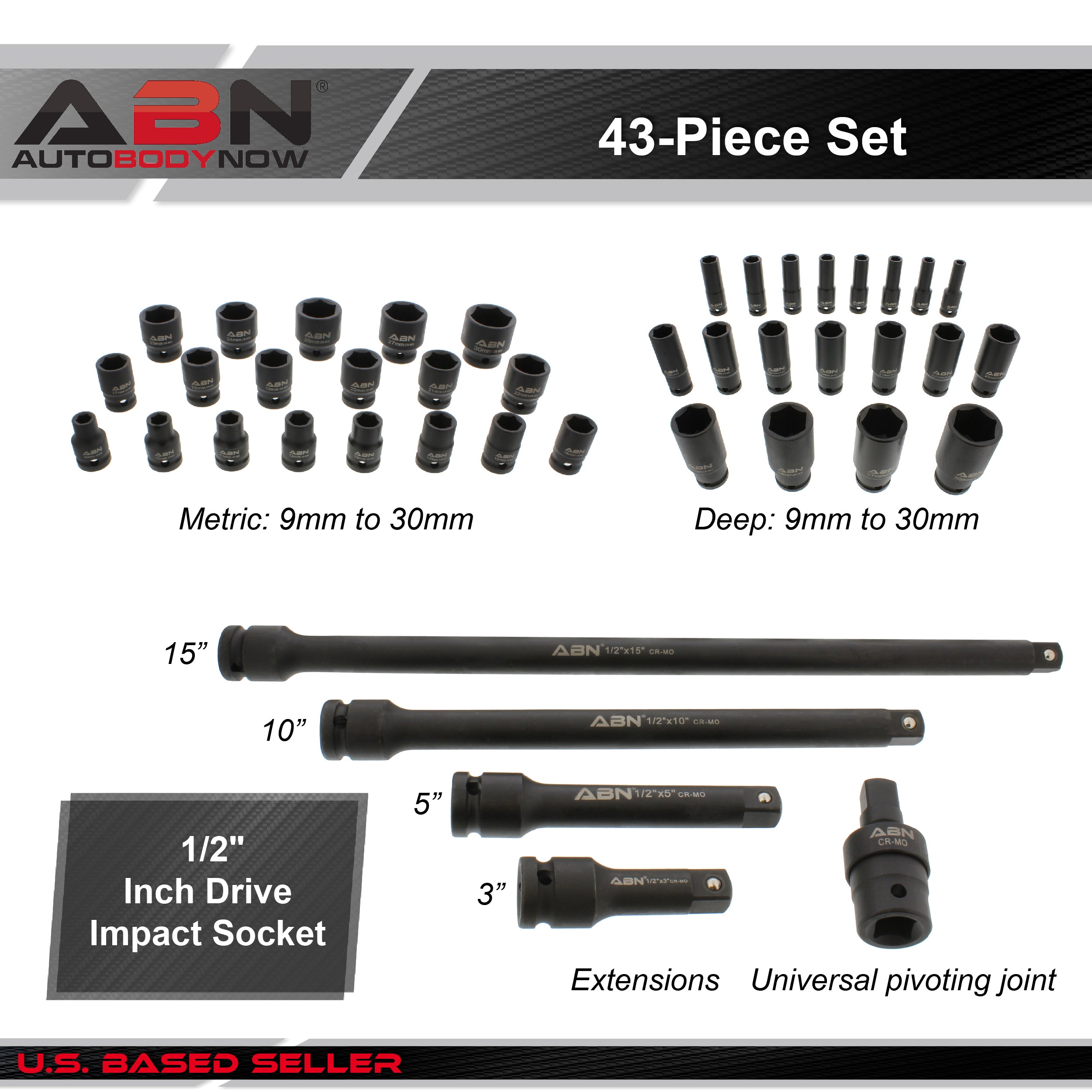 1/2" Inch Drive Metric Impact Socket Set w/ Extensions & Swivel Joint