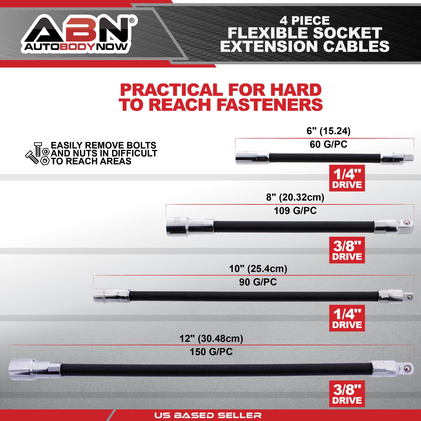 4pc Flexible Socket Extension Bar Set 1/4in and 3/8in Drive ABN 7295