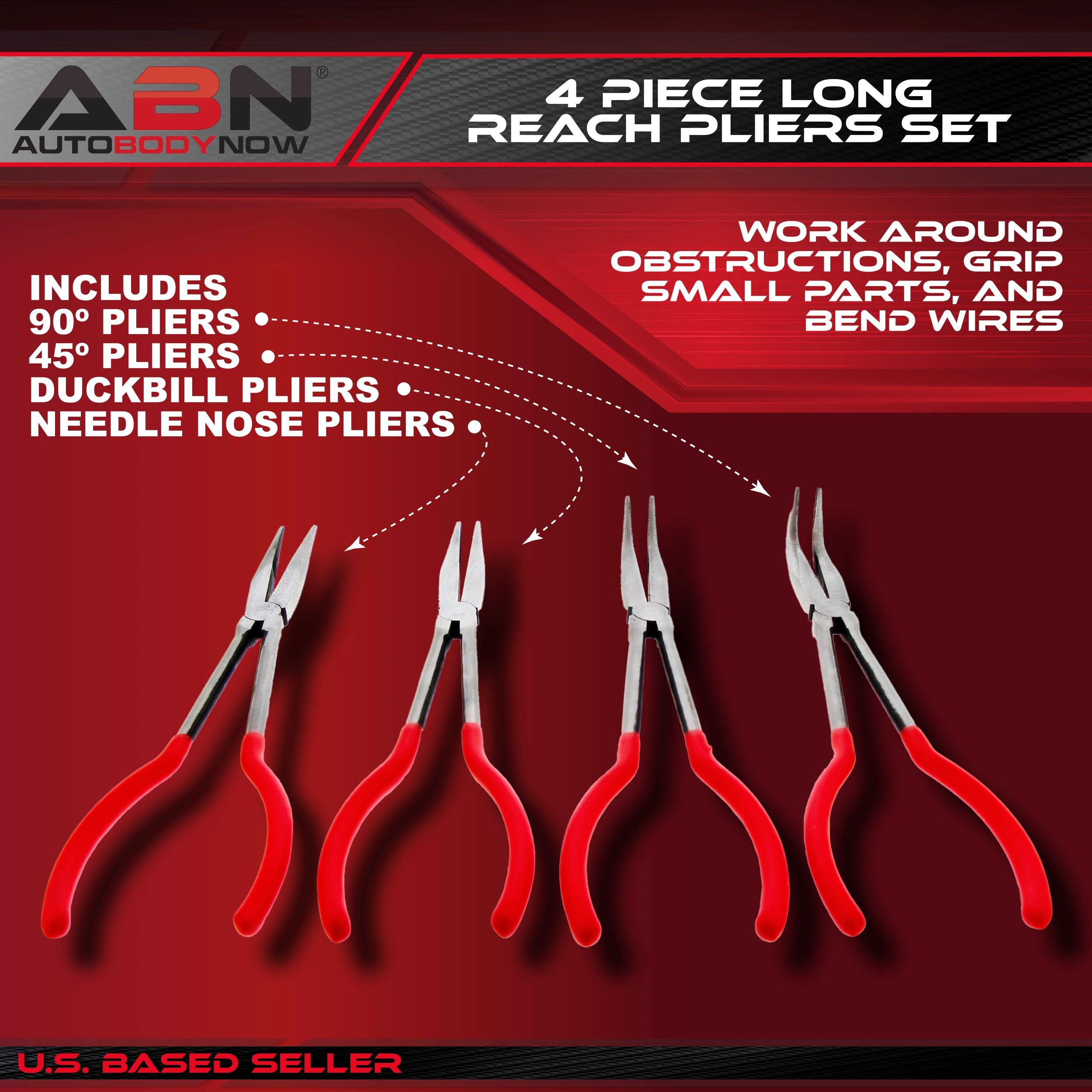 Long Reach Pliers 4-Piece Set - Angled Curved Straight and Duckbill