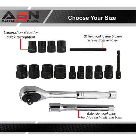 Bolt Remover and Extractor Socket Set - 17pc Sockets and Ratchet